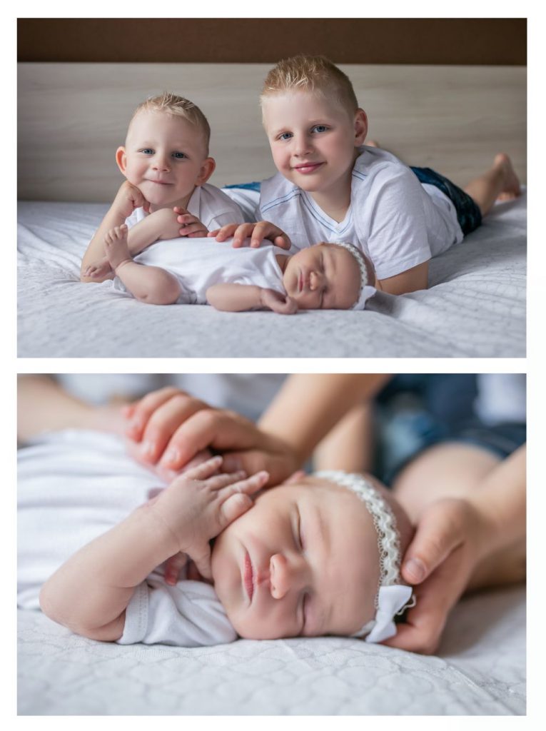 Domáce newborn a rodinné fotenie - fotka so surodencami kolaz