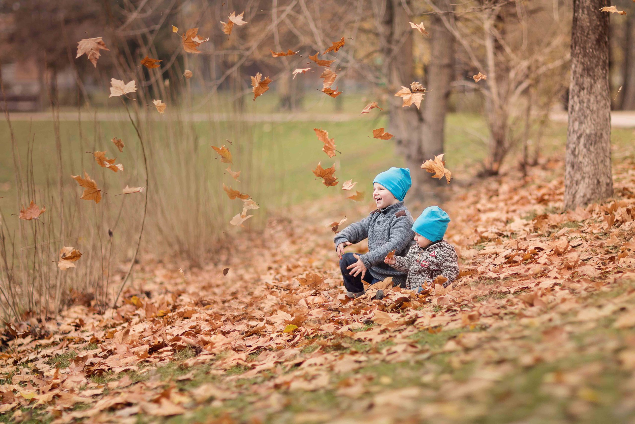 dvaja chlapci sa hraju s jesennym listim